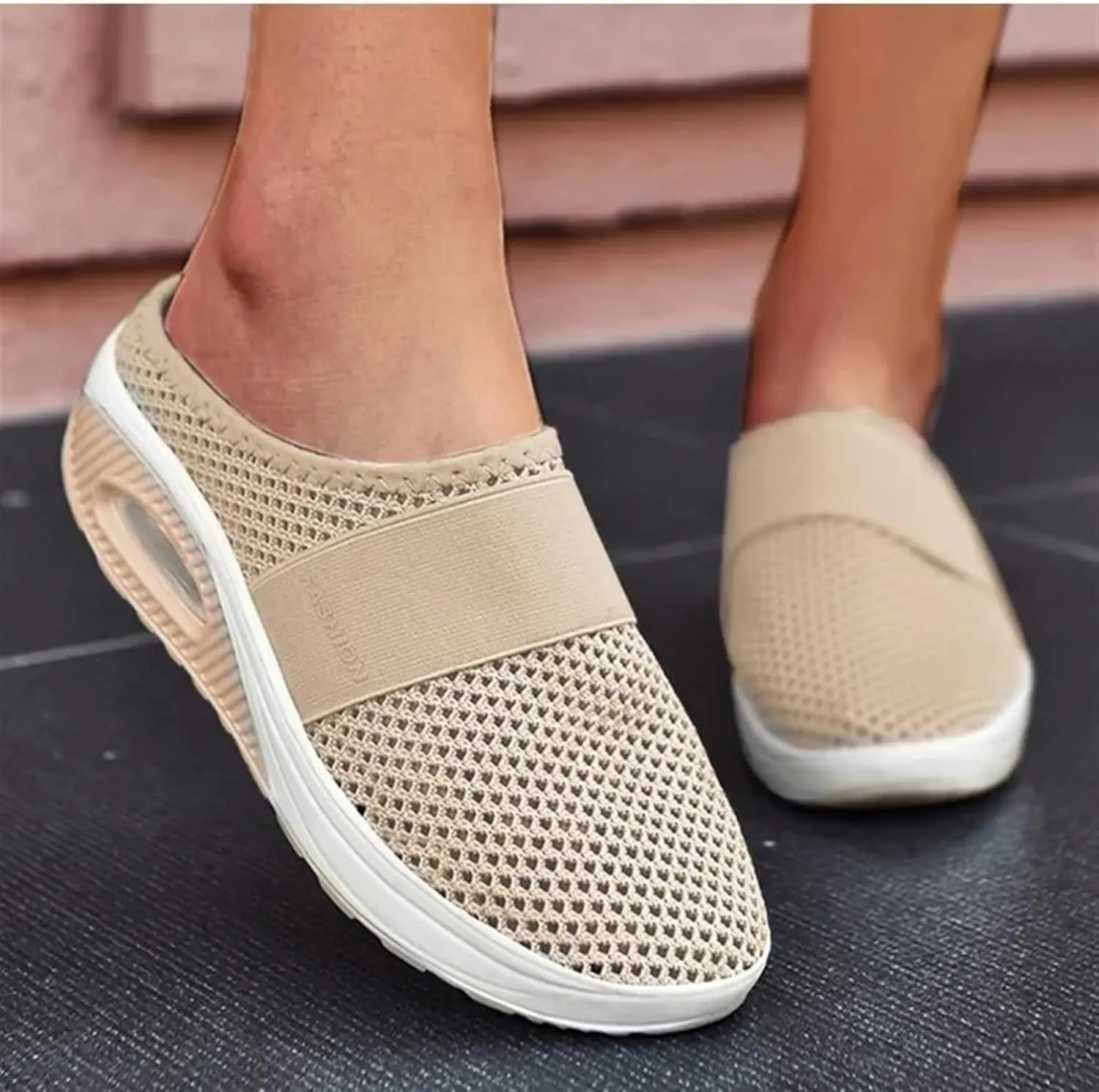 Diabetic Air-Cushion Slip-On Walking Shoes Summer Backless Walking Mules Orthopedic Diabetic Slippers Breathable Mesh Air Cushion Shoe Open Back Slip On Shoe Lightweight Slippers with Arch-Support
