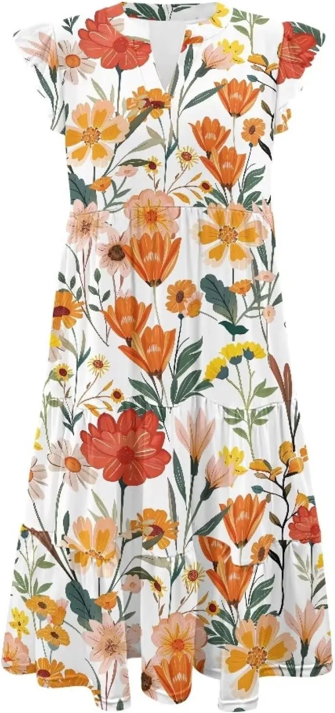 doginthehole Summer Dresses for Women Casual Beach Ruffled Sleeve Dresses Loose Sundress with Pocket Size S-2XL