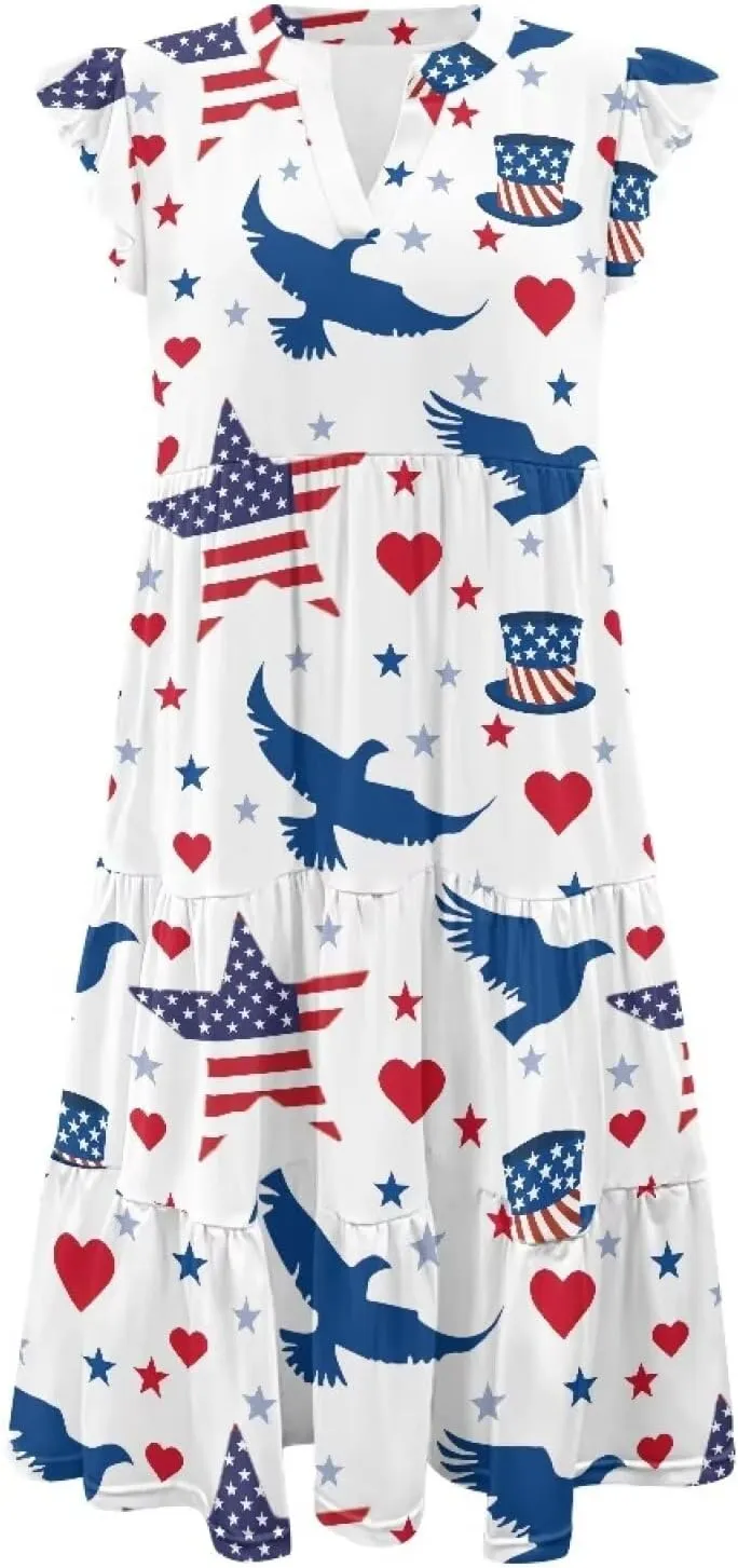 doginthehole Summer Dresses for Women Casual Beach Ruffled Sleeve Dresses Loose Sundress with Pocket Size S-2XL