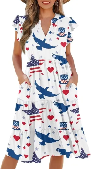 doginthehole Summer Dresses for Women Casual Beach Ruffled Sleeve Dresses Loose Sundress with Pocket Size S-2XL