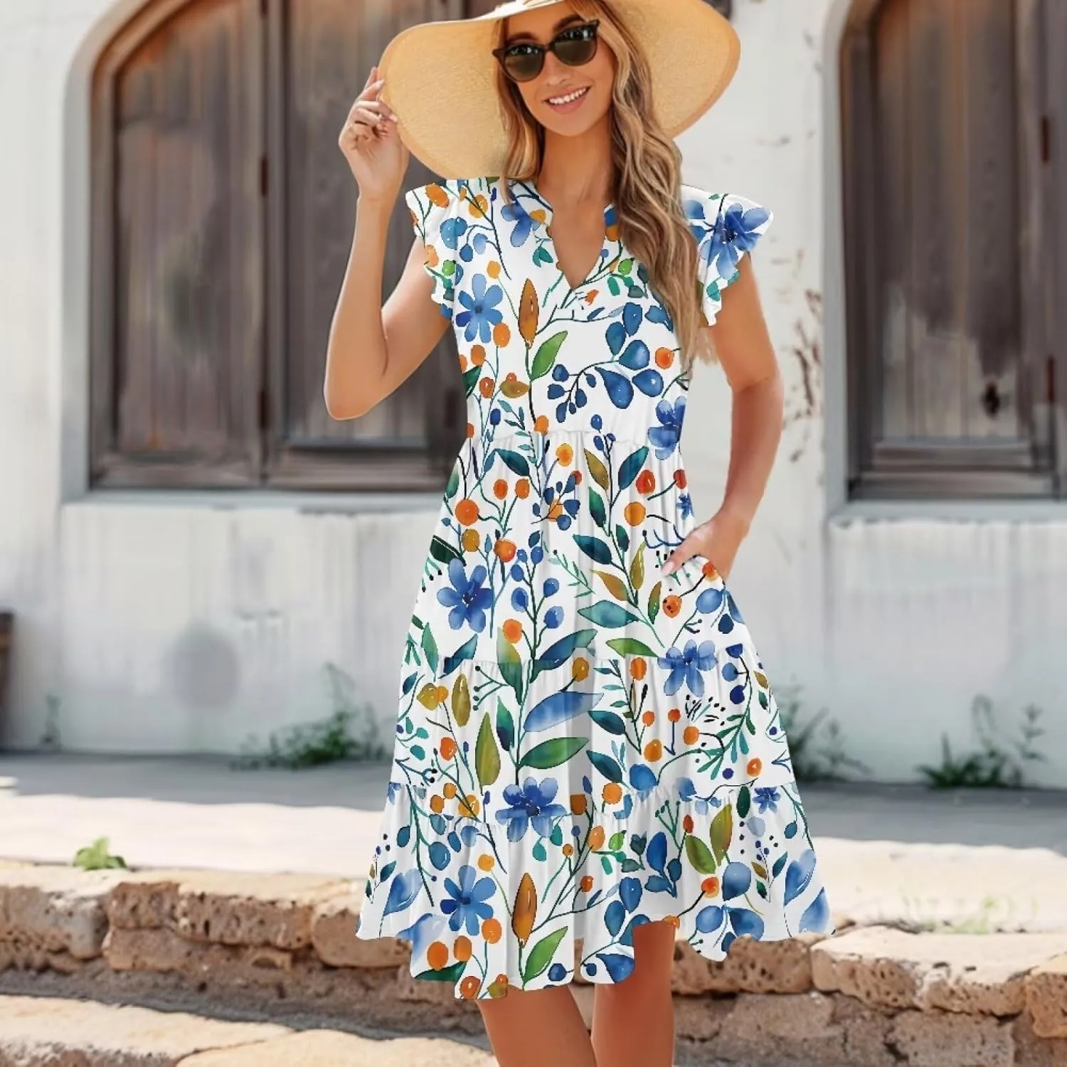 doginthehole Summer Dresses for Women Casual Beach Ruffled Sleeve Dresses Loose Sundress with Pocket Size S-2XL