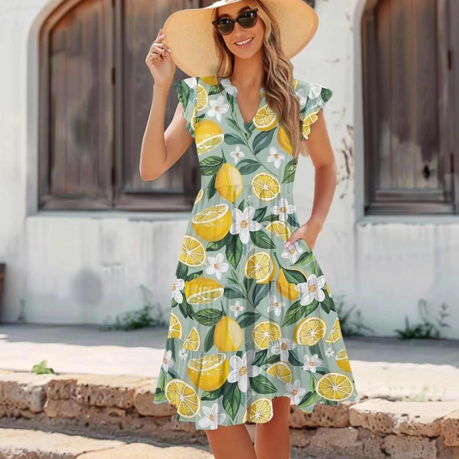 doginthehole Summer Dresses for Women Casual Beach Ruffled Sleeve Dresses Loose Sundress with Pocket Size S-2XL