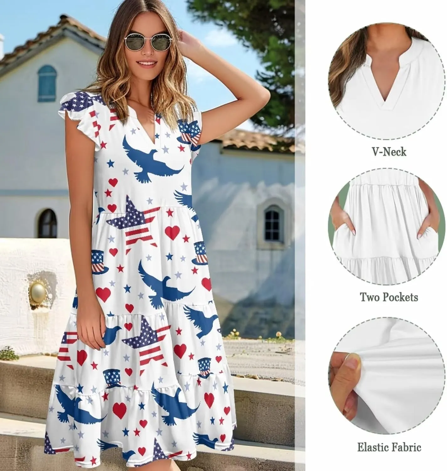 doginthehole Summer Dresses for Women Casual Beach Ruffled Sleeve Dresses Loose Sundress with Pocket Size S-2XL