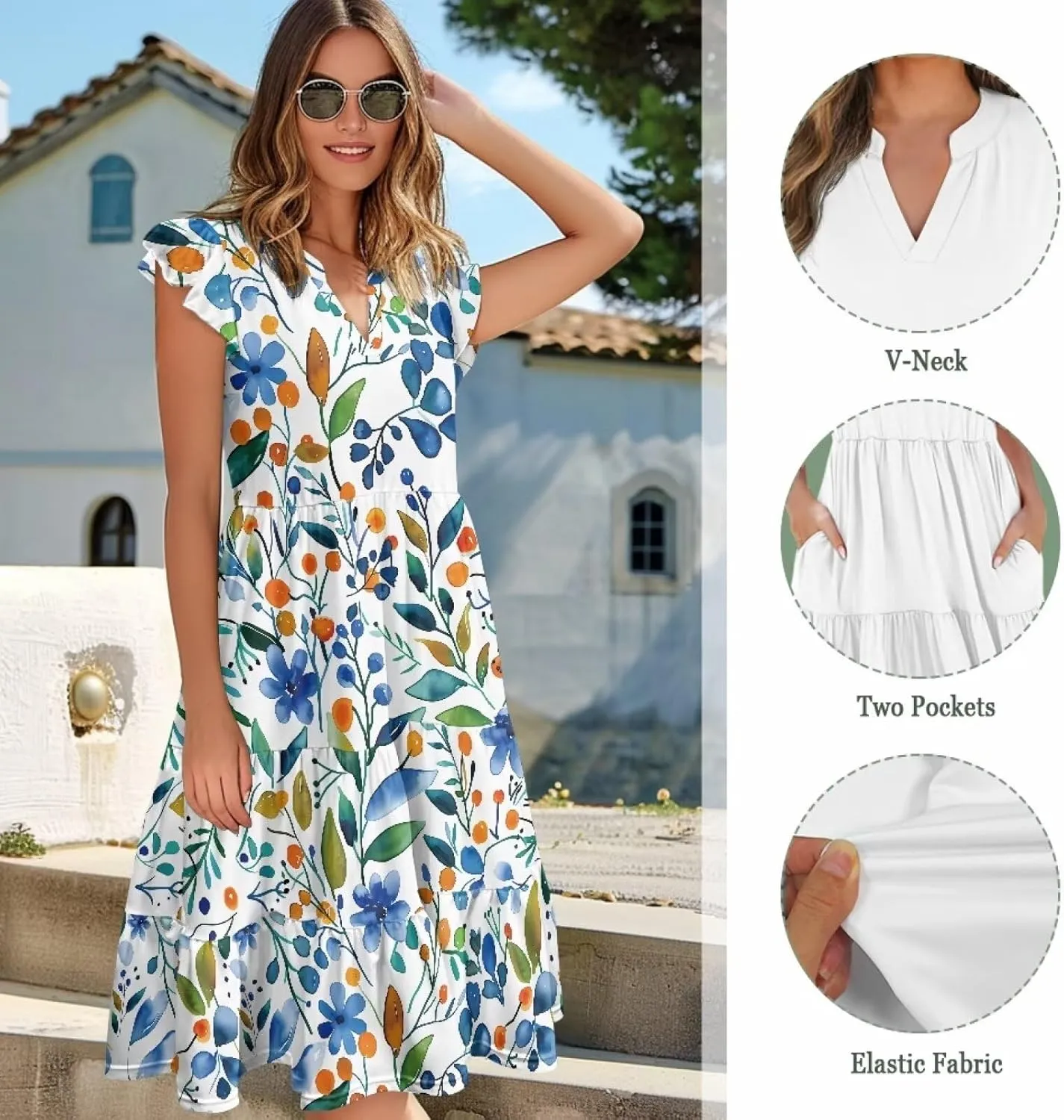 doginthehole Summer Dresses for Women Casual Beach Ruffled Sleeve Dresses Loose Sundress with Pocket Size S-2XL