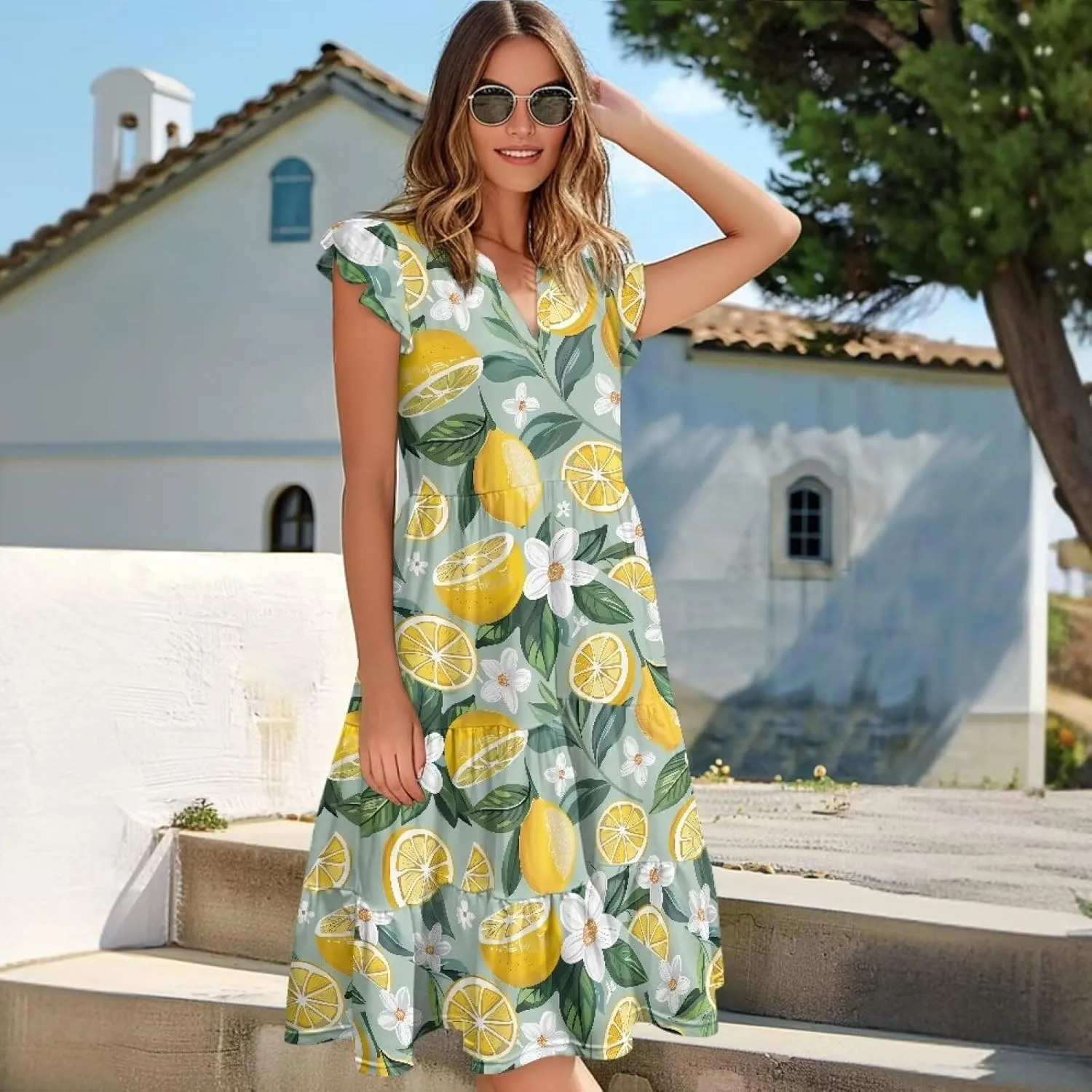 doginthehole Summer Dresses for Women Casual Beach Ruffled Sleeve Dresses Loose Sundress with Pocket Size S-2XL