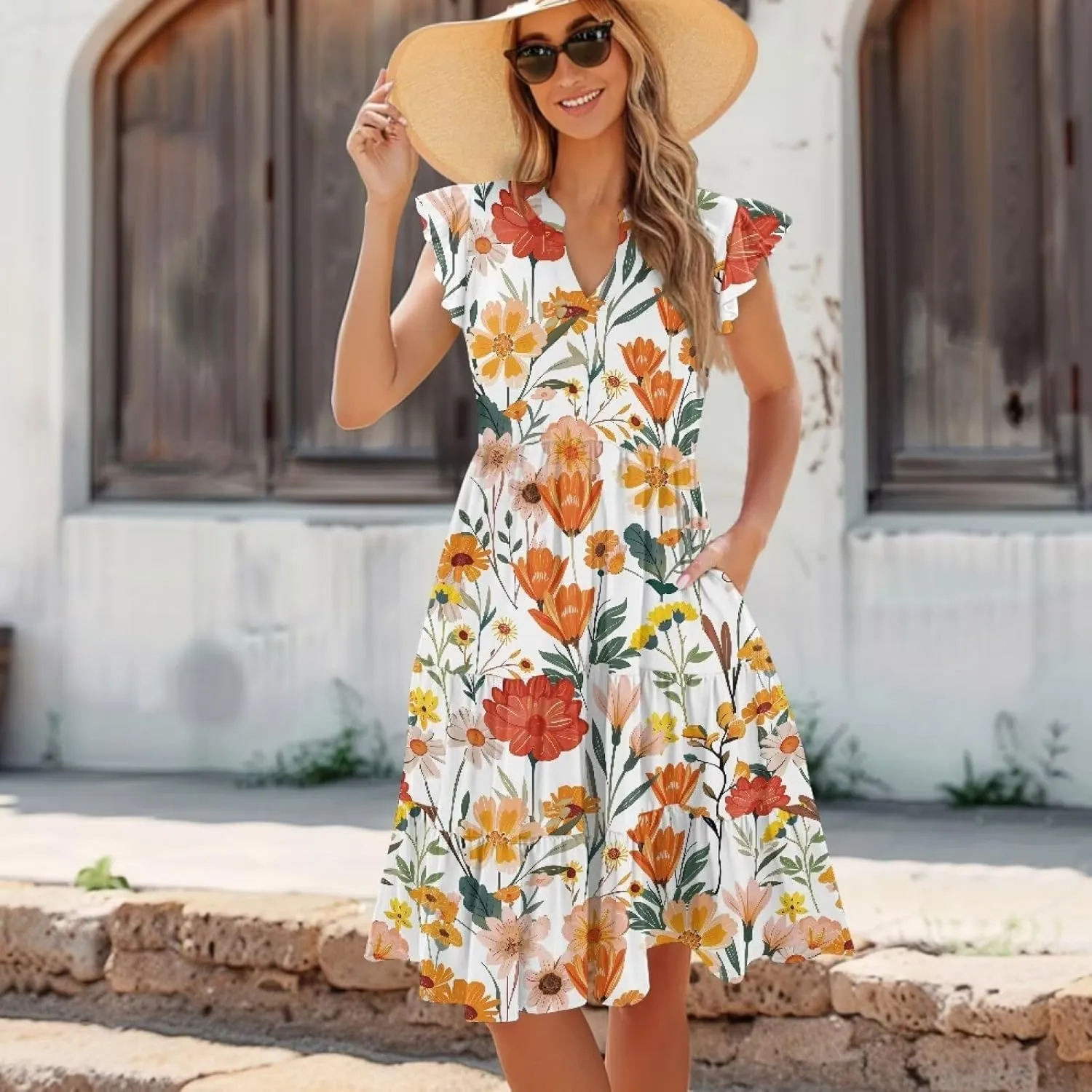 doginthehole Summer Dresses for Women Casual Beach Ruffled Sleeve Dresses Loose Sundress with Pocket Size S-2XL