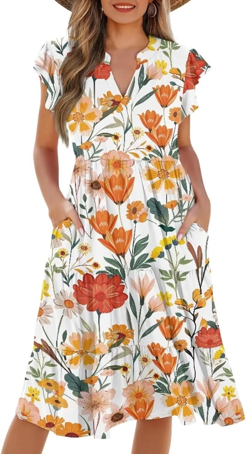 doginthehole Summer Dresses for Women Casual Beach Ruffled Sleeve Dresses Loose Sundress with Pocket Size S-2XL