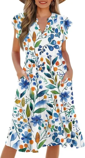 doginthehole Summer Dresses for Women Casual Beach Ruffled Sleeve Dresses Loose Sundress with Pocket Size S-2XL