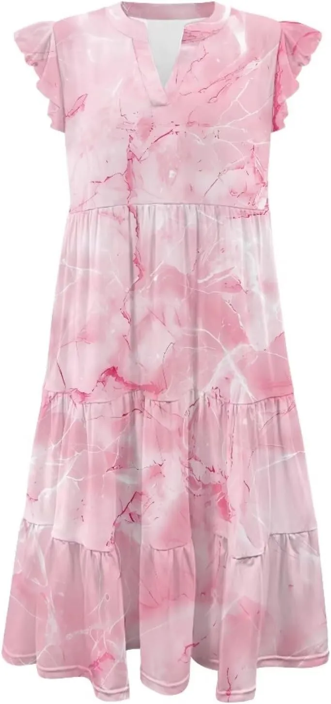 doginthehole Summer Dresses for Women Casual Beach Ruffled Sleeve Dresses Loose Sundress with Pocket Size S-2XL