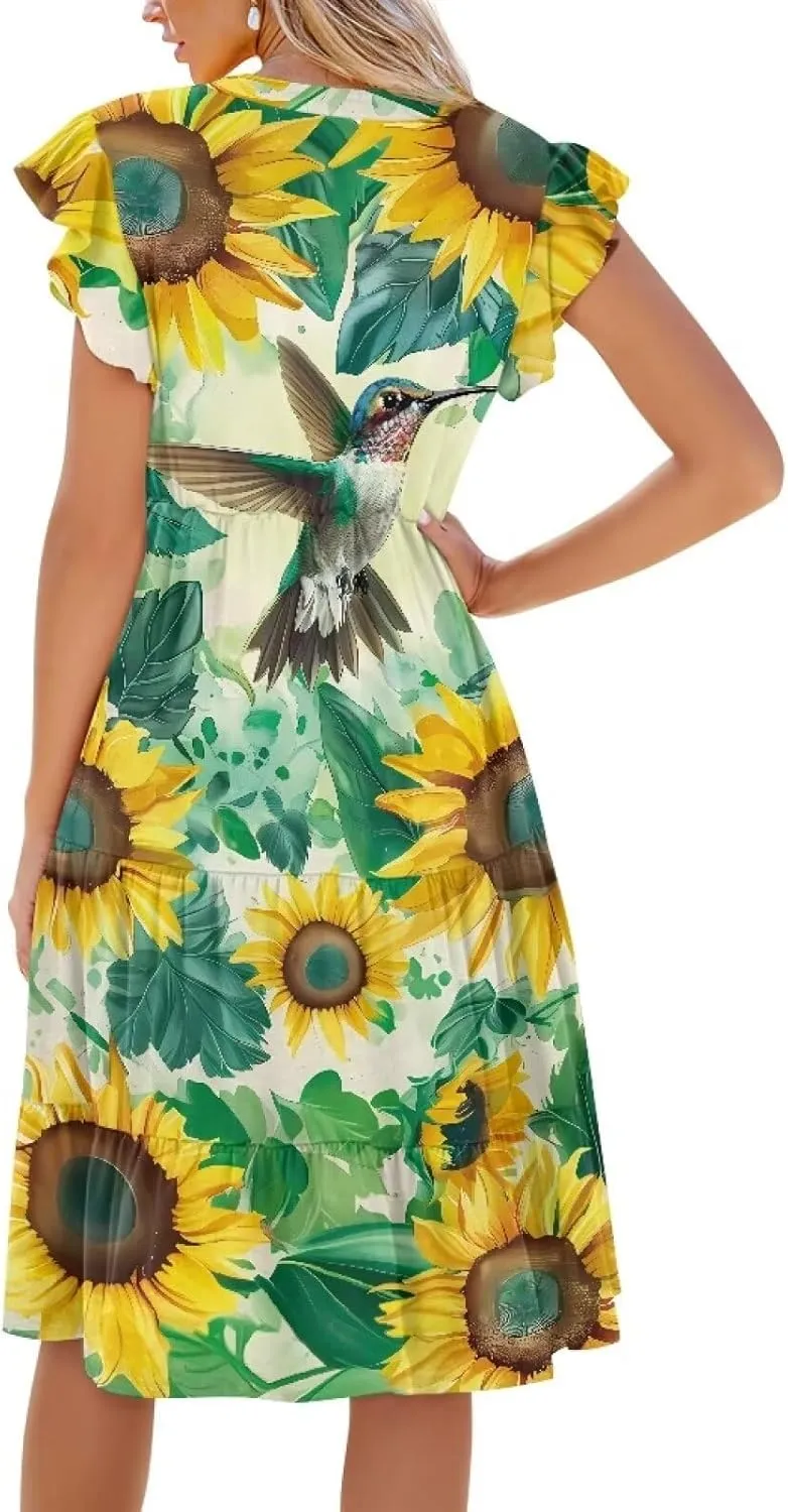 doginthehole Summer Dresses for Women Casual Beach Ruffled Sleeve Dresses Loose Sundress with Pocket Size S-2XL