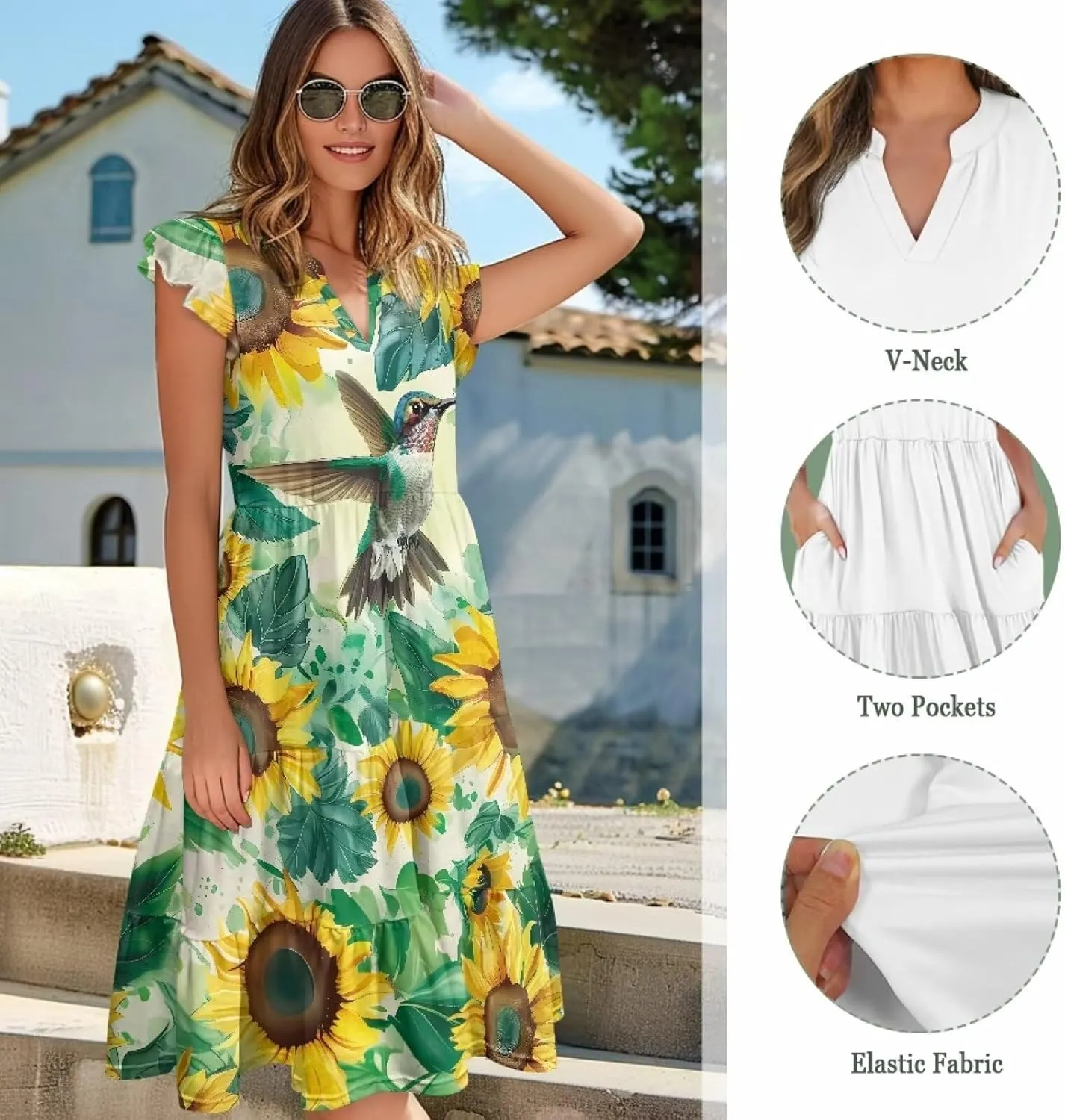 doginthehole Summer Dresses for Women Casual Beach Ruffled Sleeve Dresses Loose Sundress with Pocket Size S-2XL