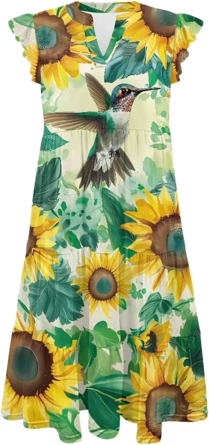 doginthehole Summer Dresses for Women Casual Beach Ruffled Sleeve Dresses Loose Sundress with Pocket Size S-2XL