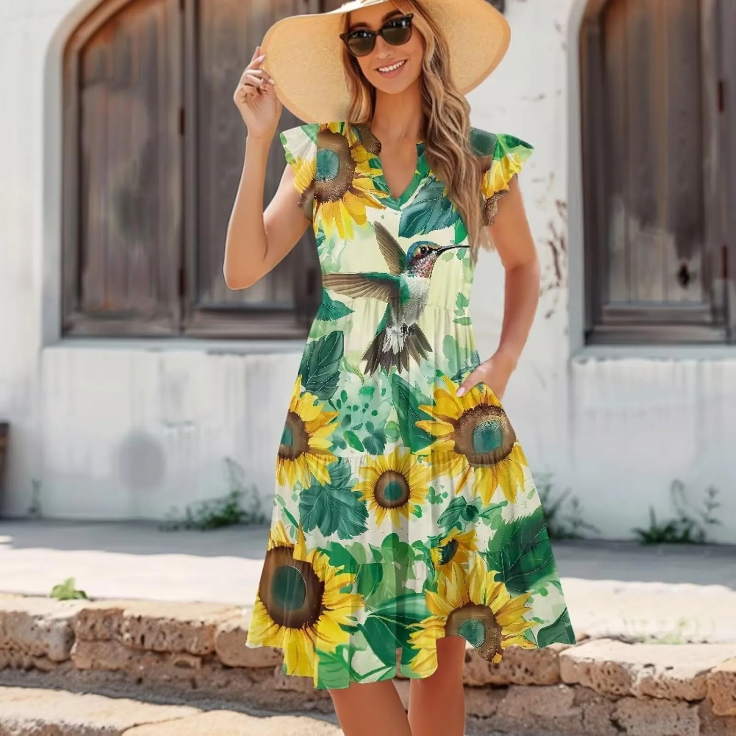 doginthehole Summer Dresses for Women Casual Beach Ruffled Sleeve Dresses Loose Sundress with Pocket Size S-2XL