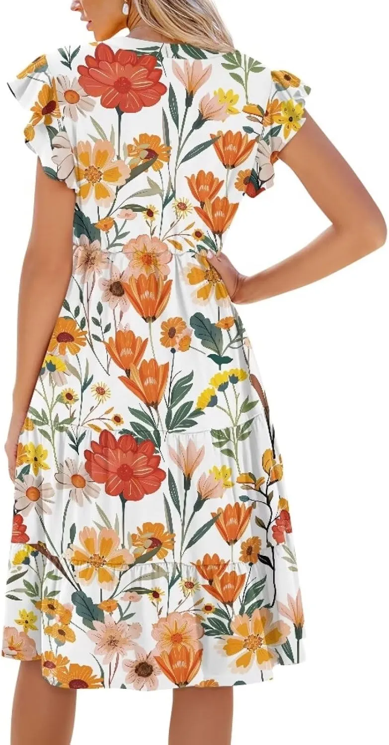 doginthehole Summer Dresses for Women Casual Beach Ruffled Sleeve Dresses Loose Sundress with Pocket Size S-2XL