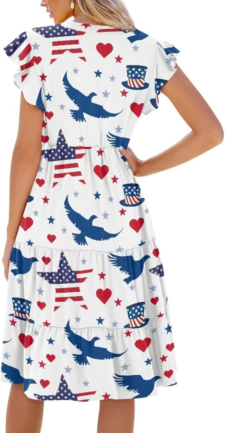 doginthehole Summer Dresses for Women Casual Beach Ruffled Sleeve Dresses Loose Sundress with Pocket Size S-2XL
