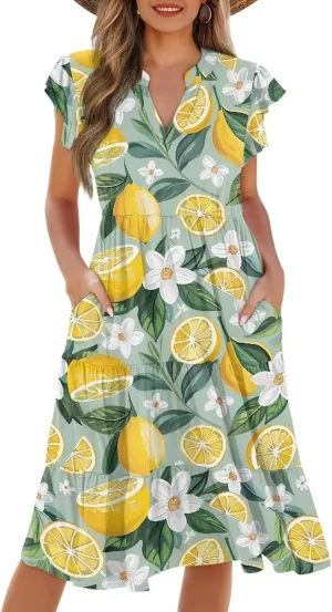 doginthehole Summer Dresses for Women Casual Beach Ruffled Sleeve Dresses Loose Sundress with Pocket Size S-2XL