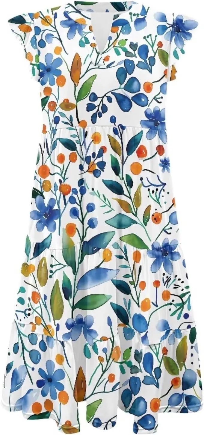 doginthehole Summer Dresses for Women Casual Beach Ruffled Sleeve Dresses Loose Sundress with Pocket Size S-2XL