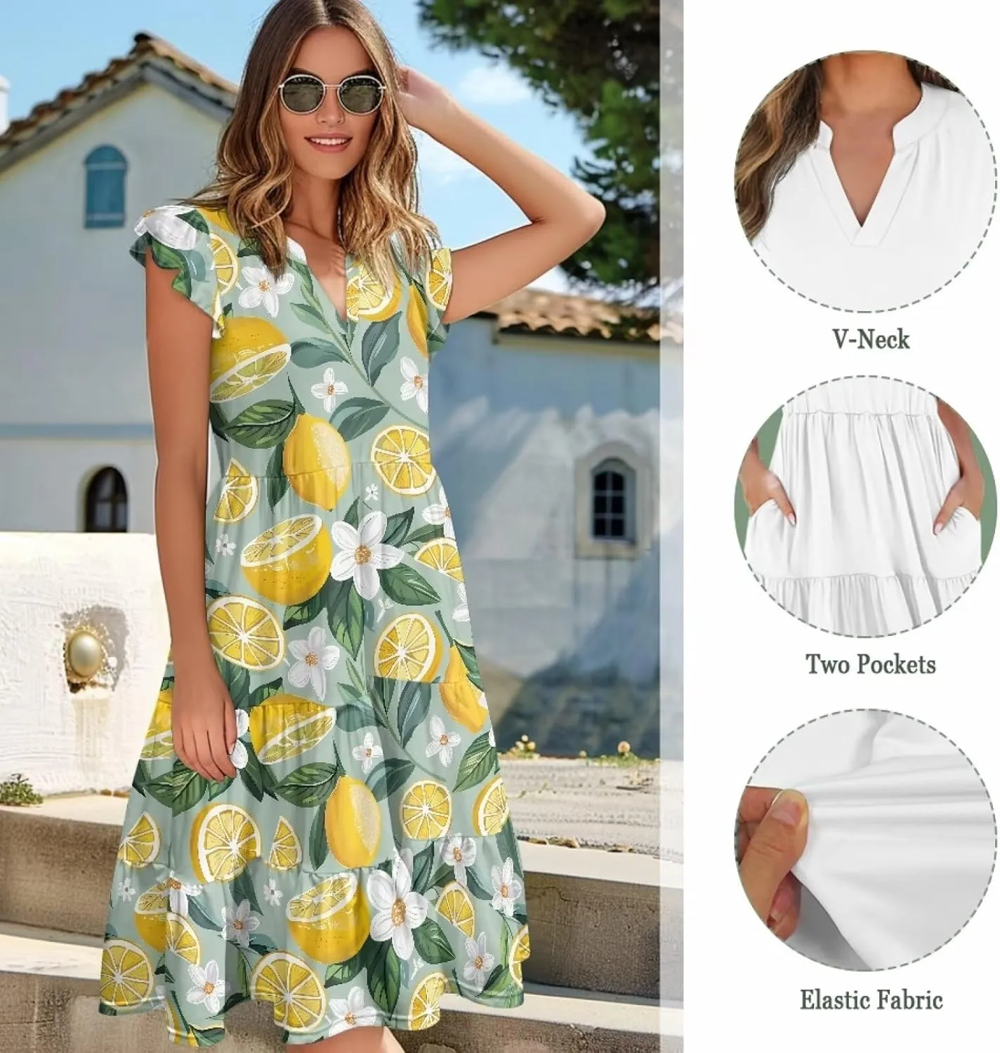 doginthehole Summer Dresses for Women Casual Beach Ruffled Sleeve Dresses Loose Sundress with Pocket Size S-2XL