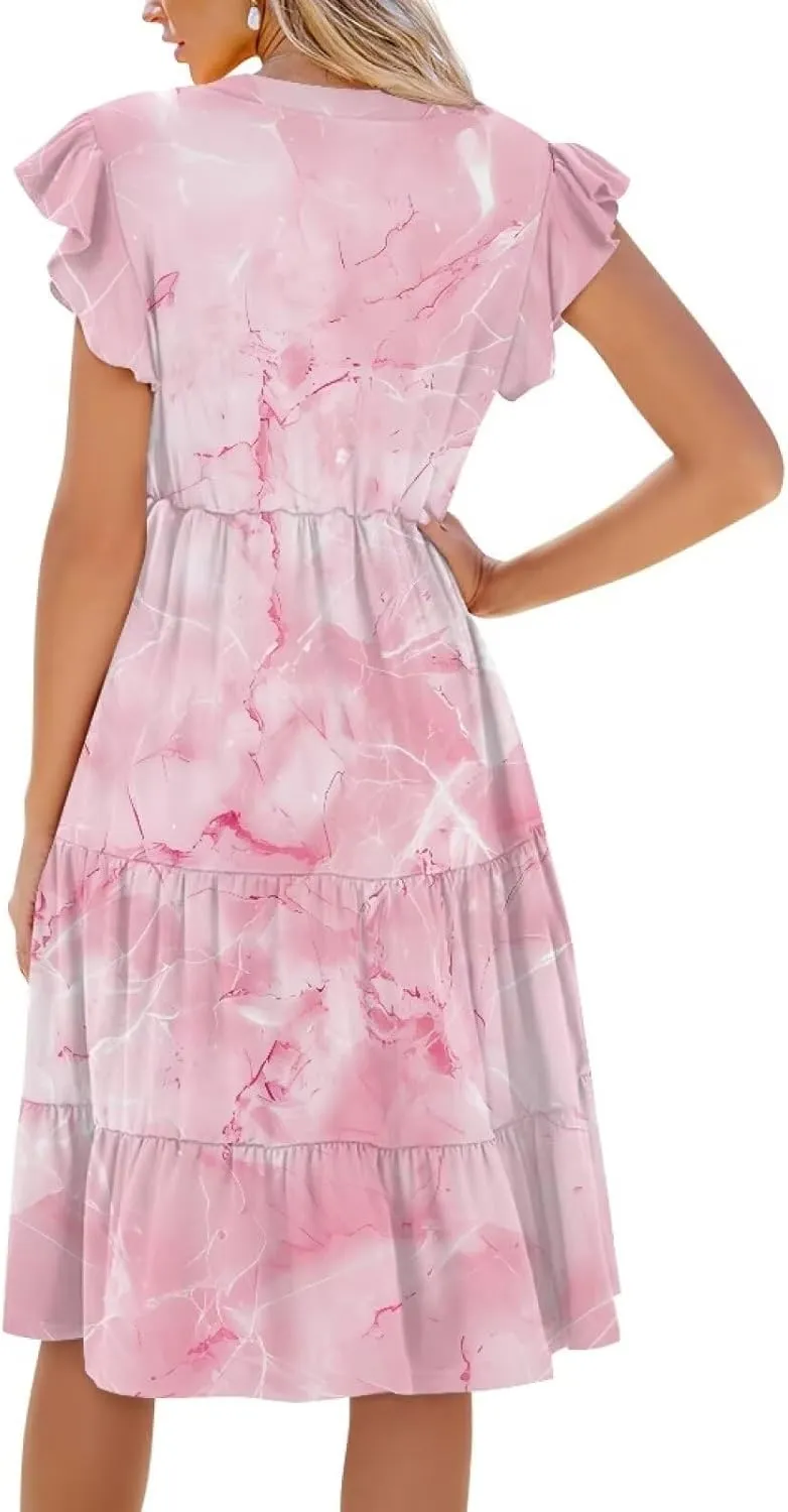 doginthehole Summer Dresses for Women Casual Beach Ruffled Sleeve Dresses Loose Sundress with Pocket Size S-2XL