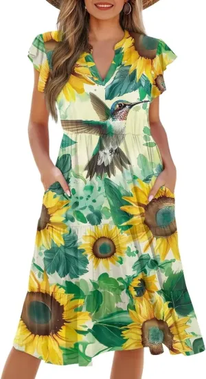 doginthehole Summer Dresses for Women Casual Beach Ruffled Sleeve Dresses Loose Sundress with Pocket Size S-2XL