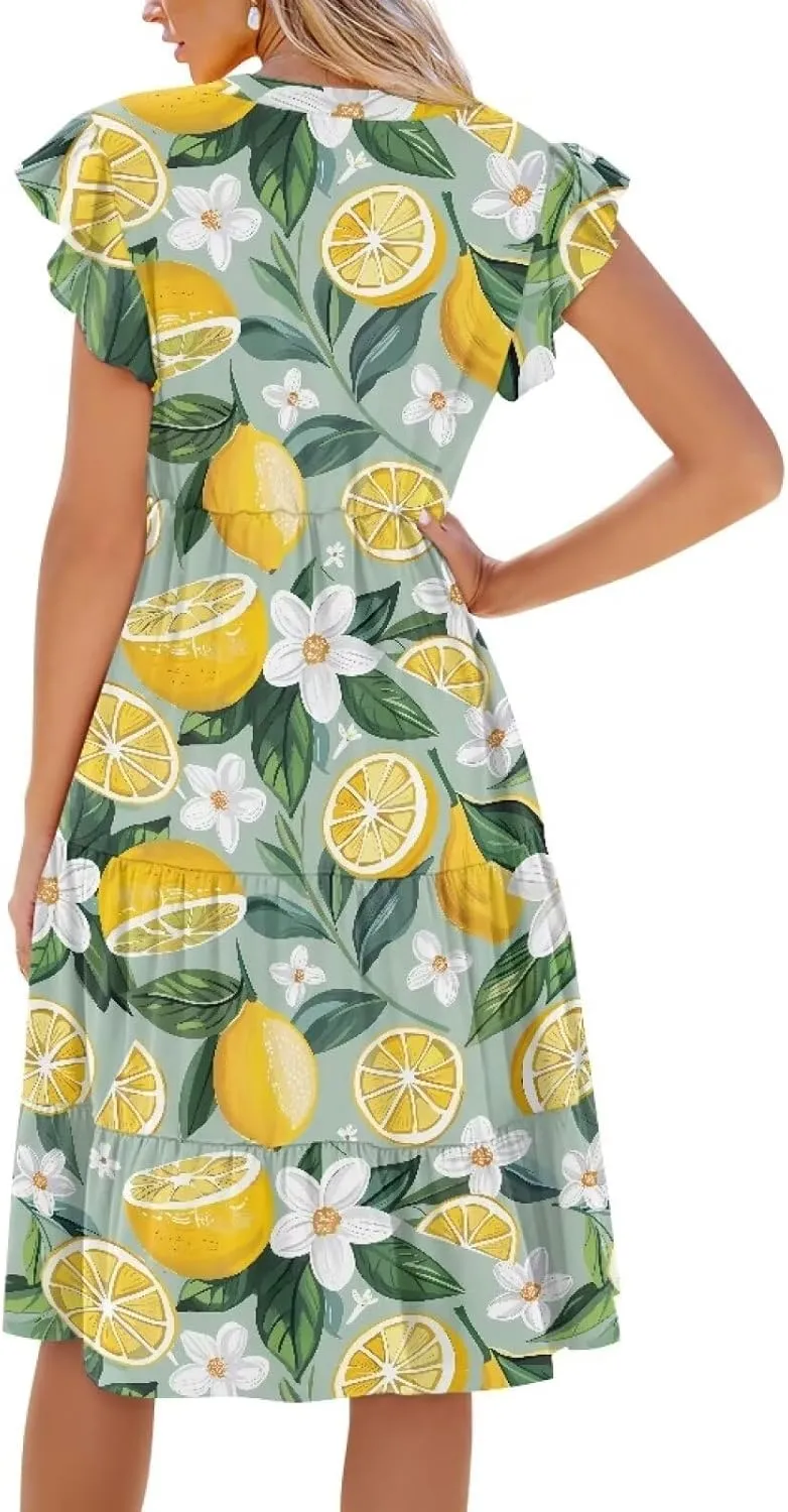 doginthehole Summer Dresses for Women Casual Beach Ruffled Sleeve Dresses Loose Sundress with Pocket Size S-2XL