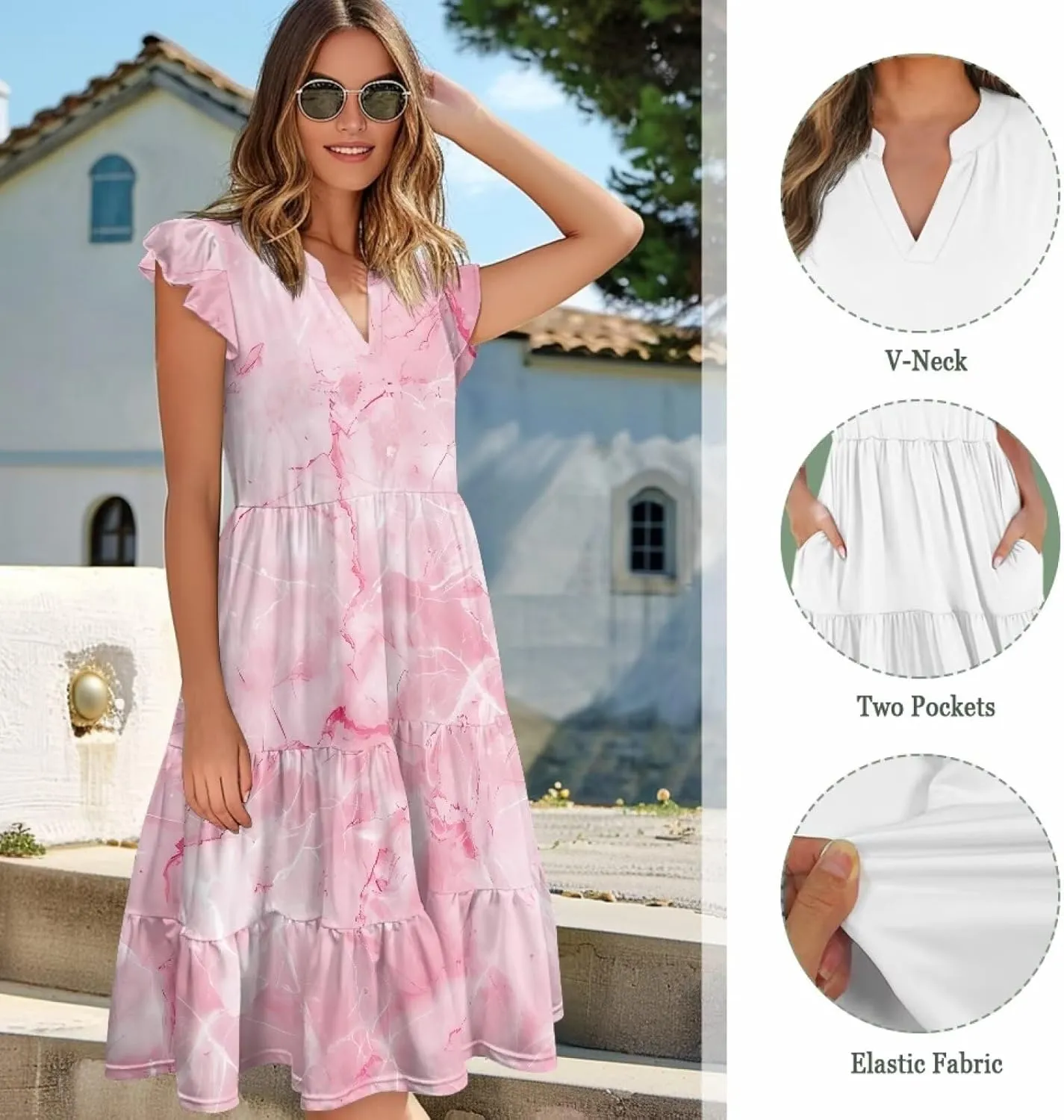 doginthehole Summer Dresses for Women Casual Beach Ruffled Sleeve Dresses Loose Sundress with Pocket Size S-2XL