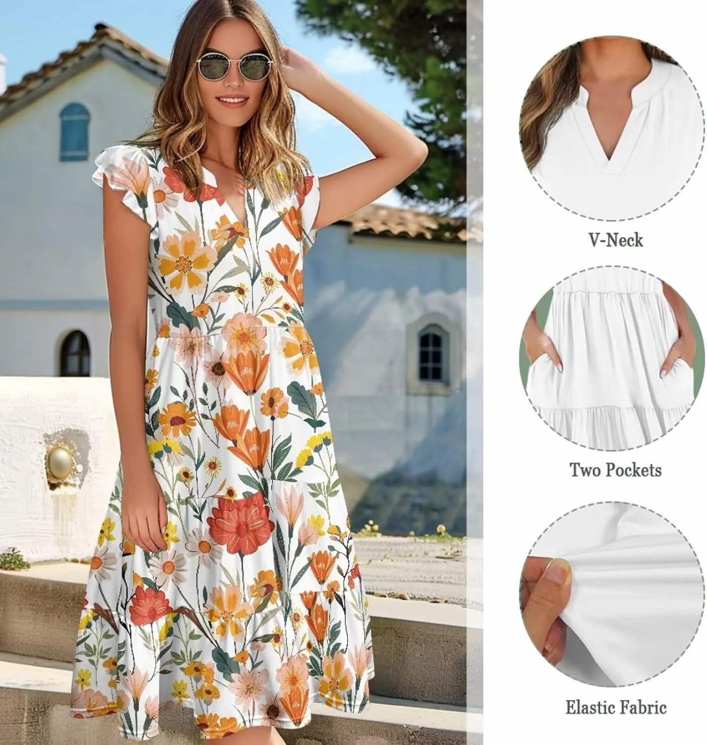 doginthehole Summer Dresses for Women Casual Beach Ruffled Sleeve Dresses Loose Sundress with Pocket Size S-2XL