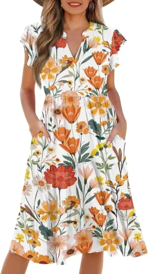doginthehole Summer Dresses for Women Casual Beach Ruffled Sleeve Dresses Loose Sundress with Pocket Size S-2XL