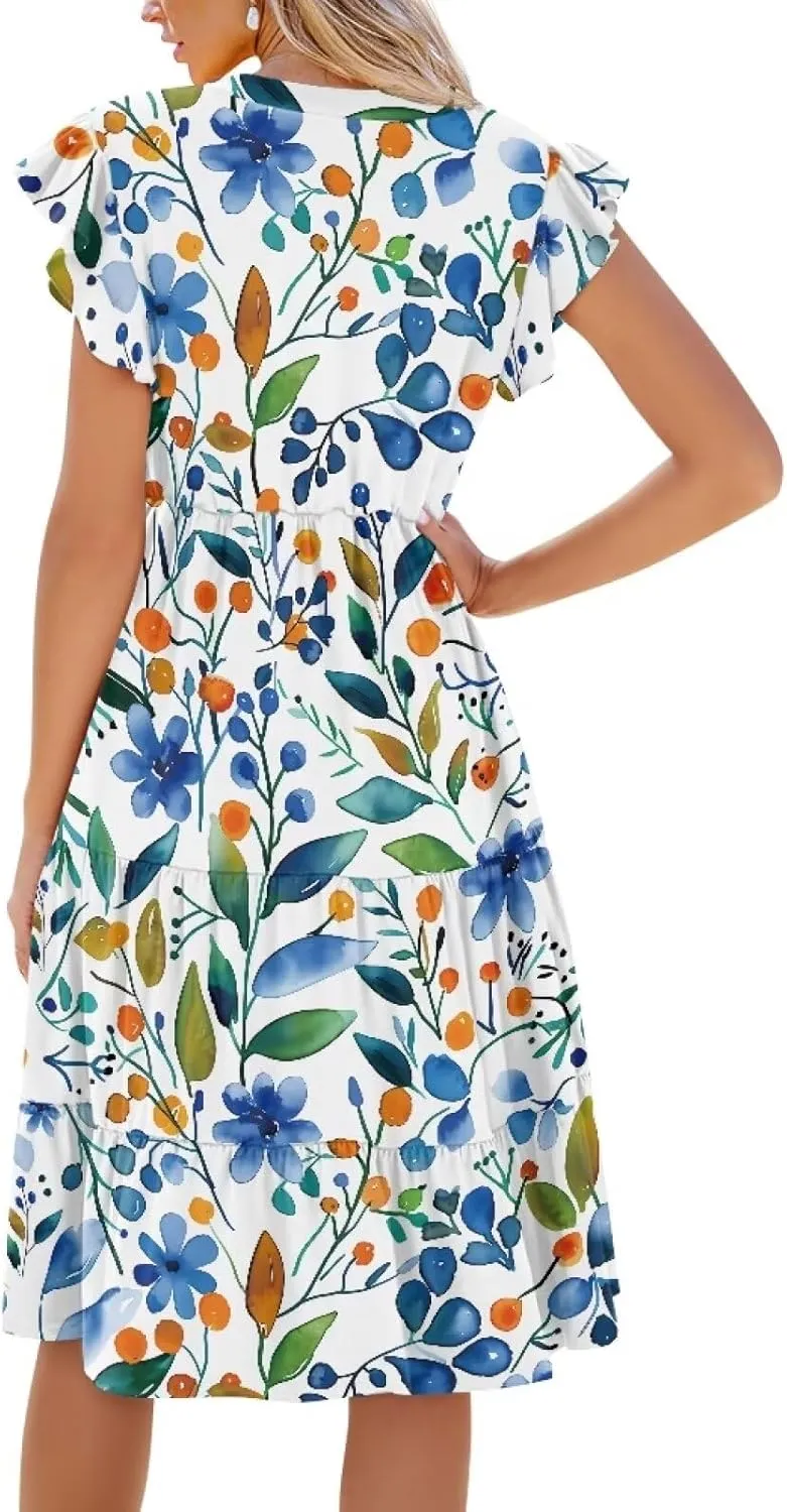 doginthehole Summer Dresses for Women Casual Beach Ruffled Sleeve Dresses Loose Sundress with Pocket Size S-2XL