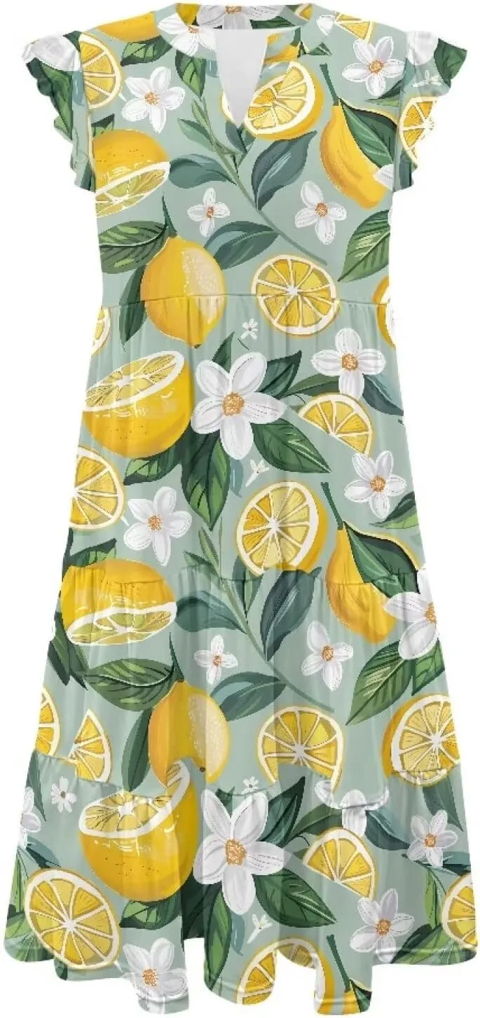 doginthehole Summer Dresses for Women Casual Beach Ruffled Sleeve Dresses Loose Sundress with Pocket Size S-2XL