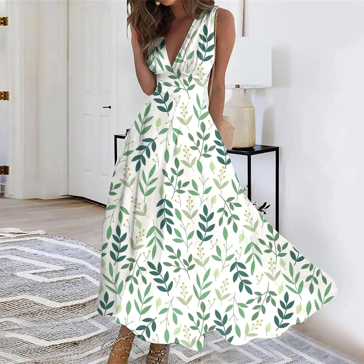 Dresses for Women 2024 Sleeveless Wrap V Neck Beach Dresses Flowy Ruched Floral Print Maxi Dress Flowy Boho Dress