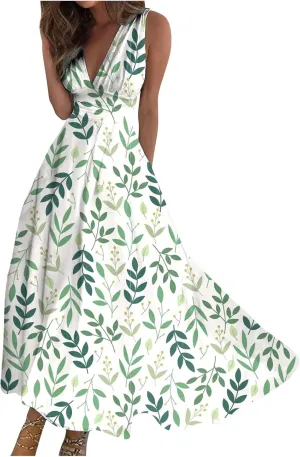 Dresses for Women 2024 Sleeveless Wrap V Neck Beach Dresses Flowy Ruched Floral Print Maxi Dress Flowy Boho Dress