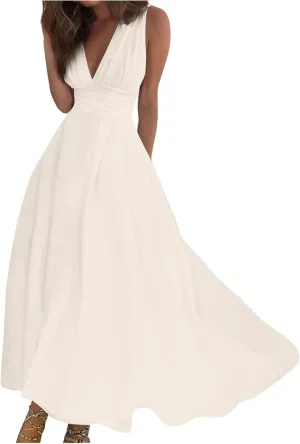 Dresses for Women 2025 Flowy Ruched Sleeveless Beach Dresses Wrap V Neck Floral Printed Maxi Dress Boho Sundresses