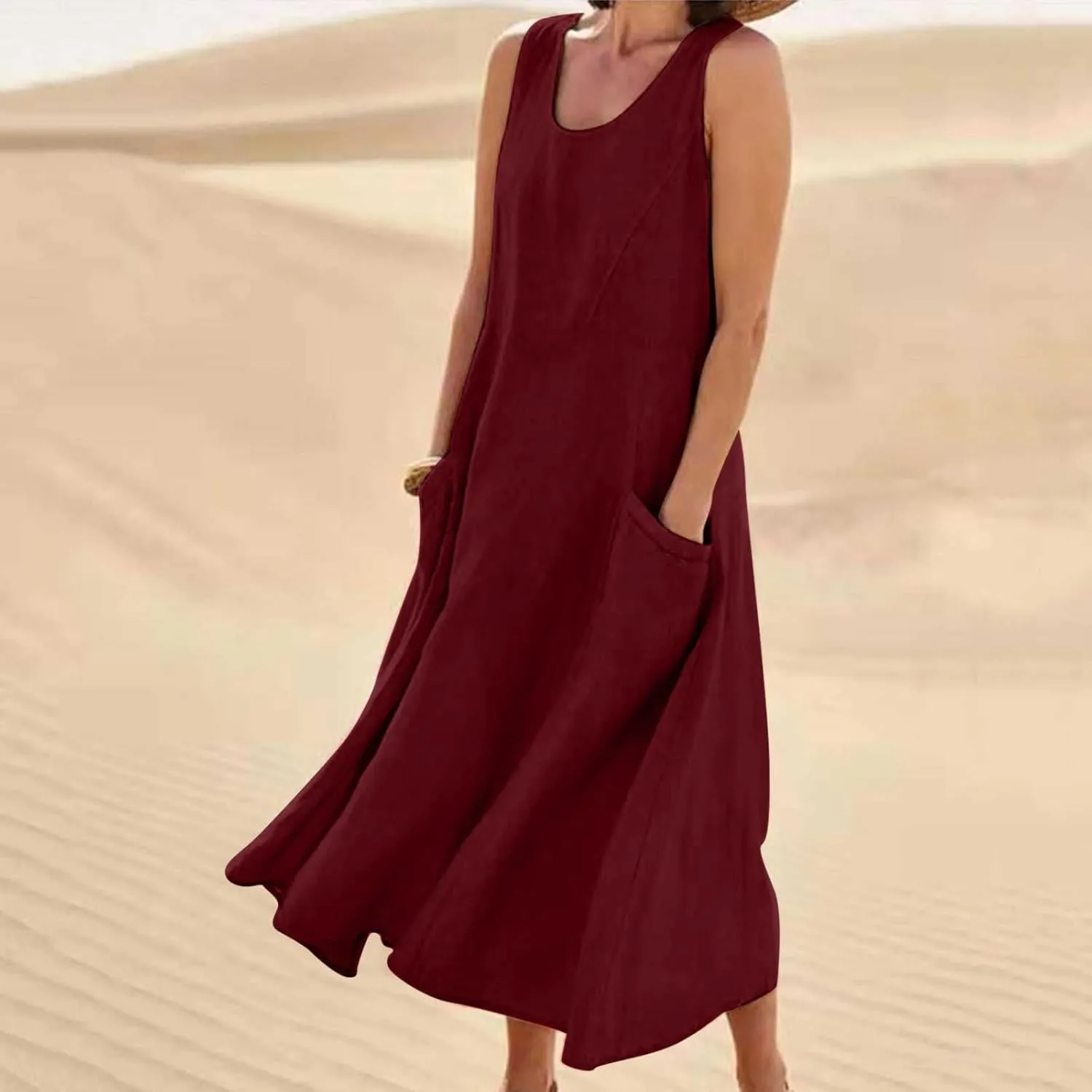 Dresses for Women Cotton Linen Casual Sundress Vacation Beach Tank Flowy Trendy Dress with Pockets