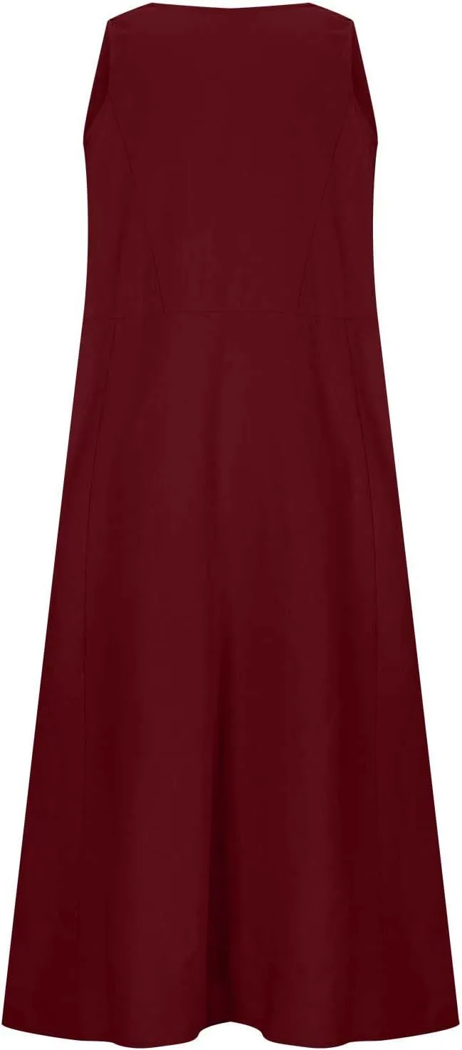 Dresses for Women Cotton Linen Casual Sundress Vacation Beach Tank Flowy Trendy Dress with Pockets