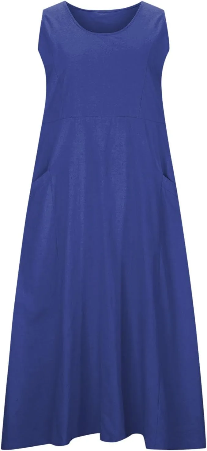 Dresses for Women Cotton Linen Casual Sundress Vacation Beach Tank Flowy Trendy Dress with Pockets