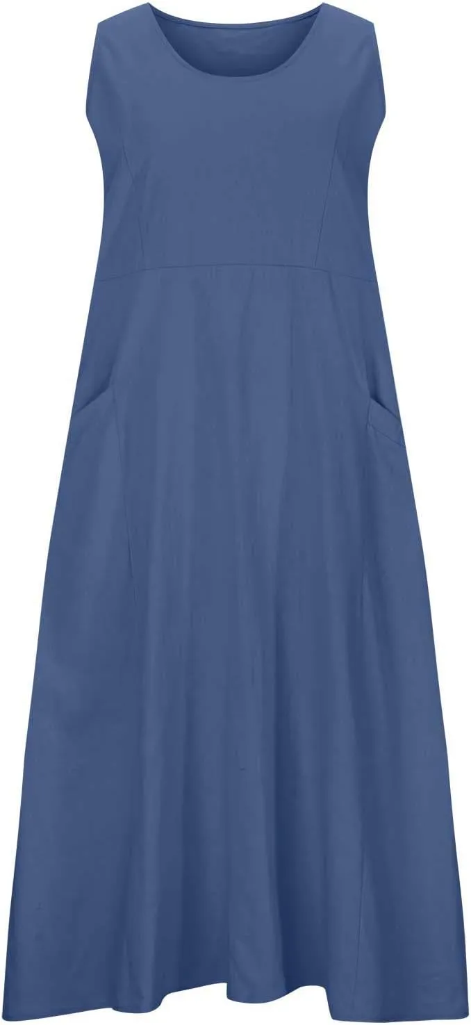 Dresses for Women Cotton Linen Casual Sundress Vacation Beach Tank Flowy Trendy Dress with Pockets
