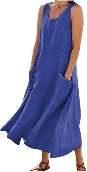 Dresses for Women Cotton Linen Casual Sundress Vacation Beach Tank Flowy Trendy Dress with Pockets