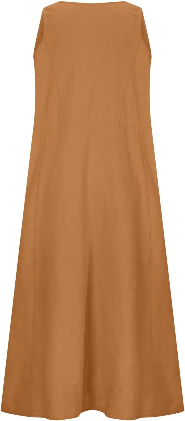 Dresses for Women Cotton Linen Casual Sundress Vacation Beach Tank Flowy Trendy Dress with Pockets