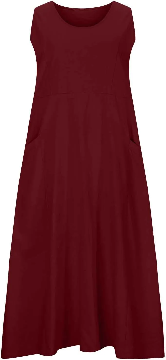 Dresses for Women Cotton Linen Casual Sundress Vacation Beach Tank Flowy Trendy Dress with Pockets