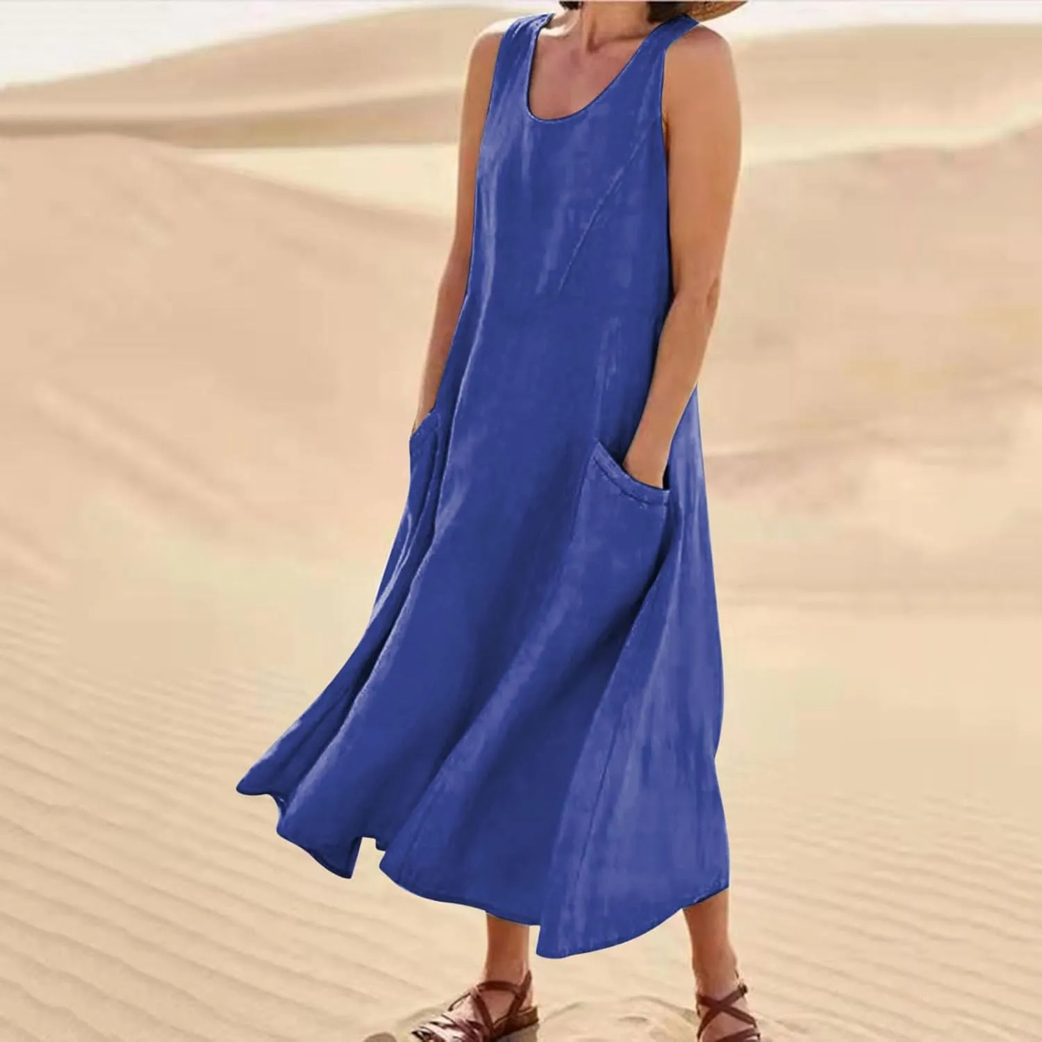 Dresses for Women Cotton Linen Casual Sundress Vacation Beach Tank Flowy Trendy Dress with Pockets