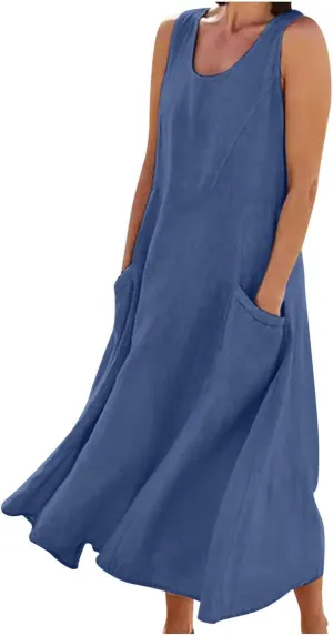Dresses for Women Cotton Linen Casual Sundress Vacation Beach Tank Flowy Trendy Dress with Pockets