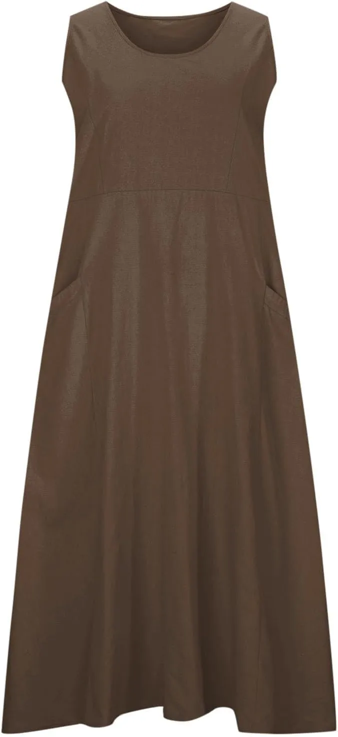Dresses for Women Cotton Linen Casual Sundress Vacation Beach Tank Flowy Trendy Dress with Pockets