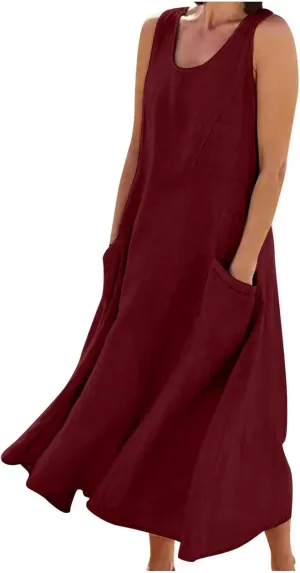 Dresses for Women Cotton Linen Casual Sundress Vacation Beach Tank Flowy Trendy Dress with Pockets