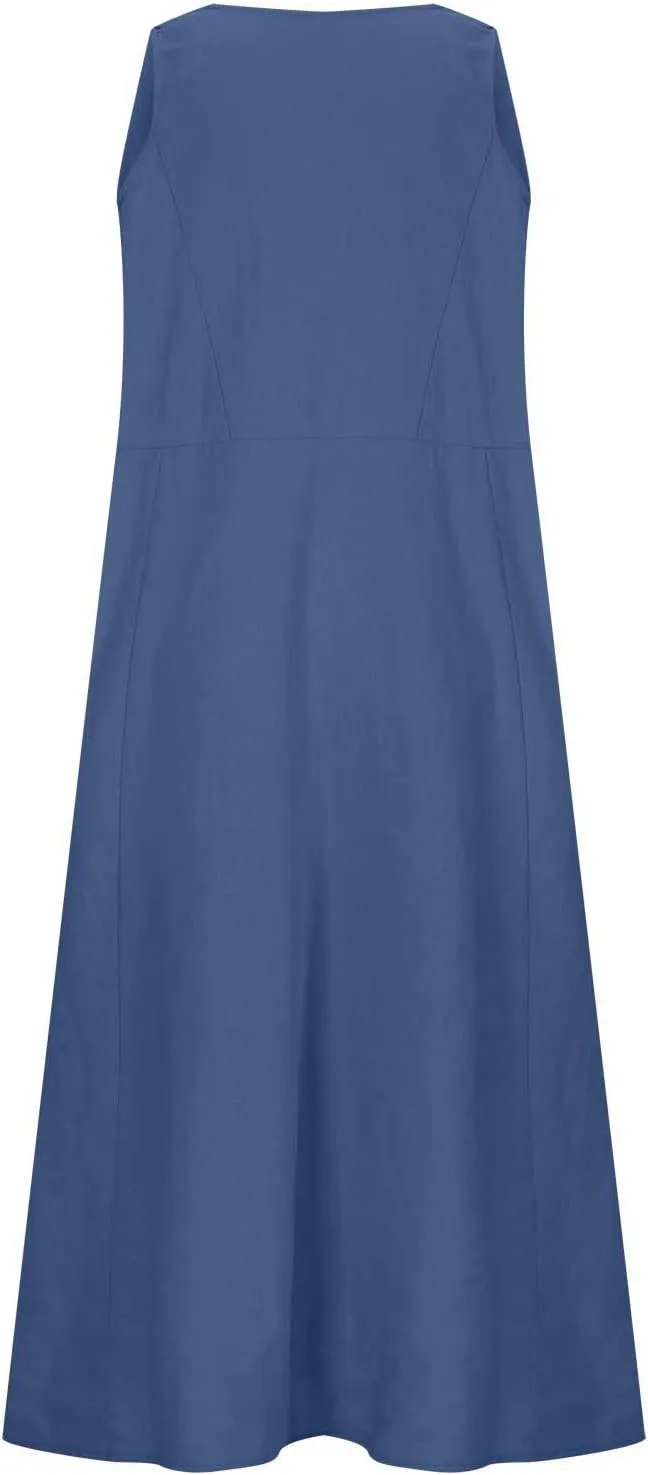 Dresses for Women Cotton Linen Casual Sundress Vacation Beach Tank Flowy Trendy Dress with Pockets