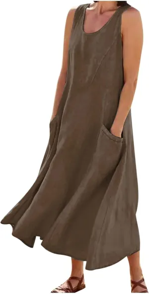 Dresses for Women Cotton Linen Casual Sundress Vacation Beach Tank Flowy Trendy Dress with Pockets