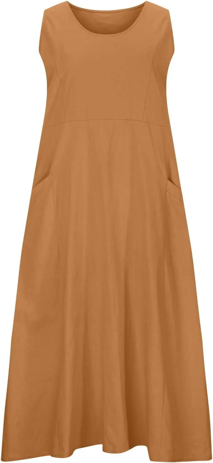 Dresses for Women Cotton Linen Casual Sundress Vacation Beach Tank Flowy Trendy Dress with Pockets