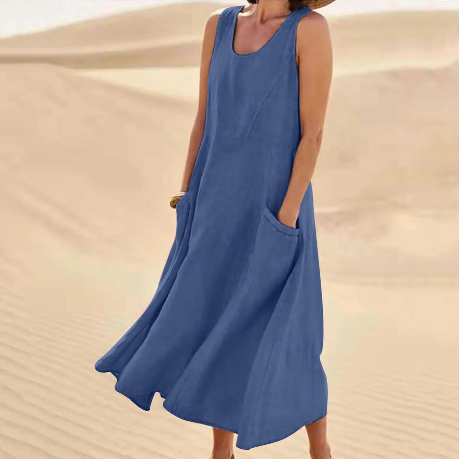 Dresses for Women Cotton Linen Casual Sundress Vacation Beach Tank Flowy Trendy Dress with Pockets