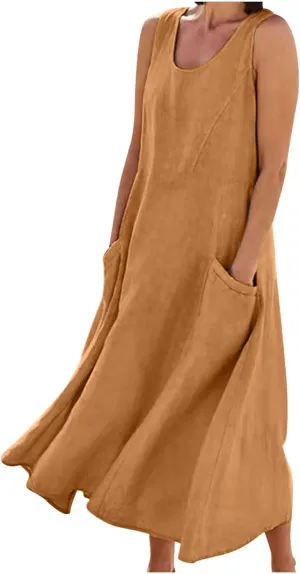 Dresses for Women Cotton Linen Casual Sundress Vacation Beach Tank Flowy Trendy Dress with Pockets