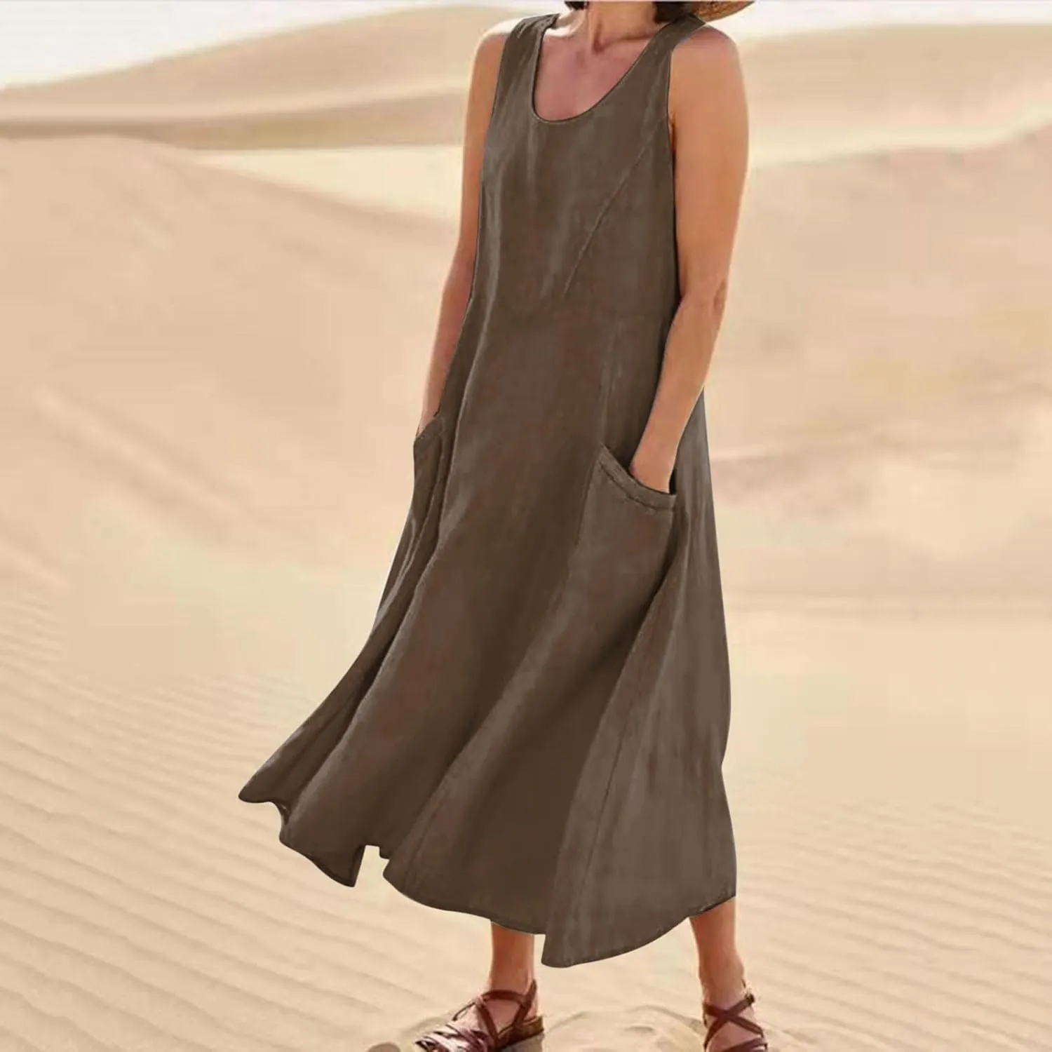 Dresses for Women Cotton Linen Casual Sundress Vacation Beach Tank Flowy Trendy Dress with Pockets